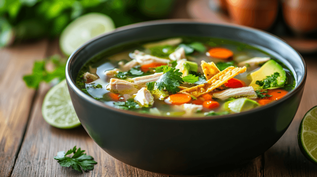 Bowl of Mexican chicken soup with tortilla strips and garnishes.