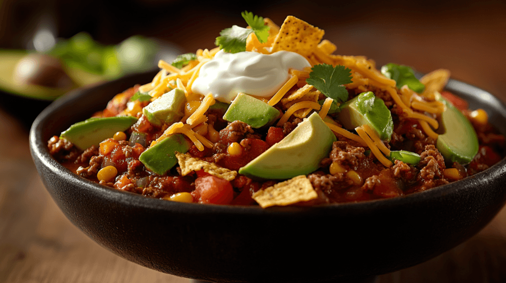 A bowl of taco soup frios garnished with cheese, sour cream, and Fritos
