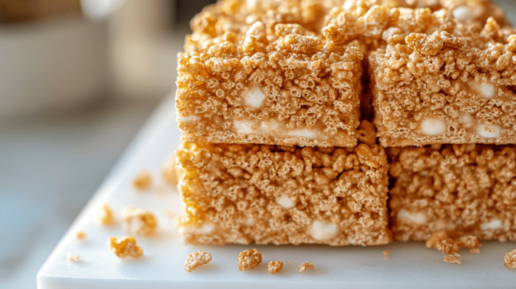 Stacked Cinnamon Toast Crunch Rice Krispie Treats on a marble plate