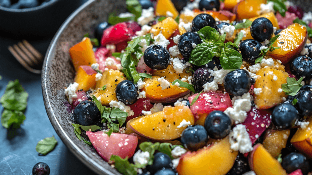 Blueberry peach feta salad in a serving bowl.