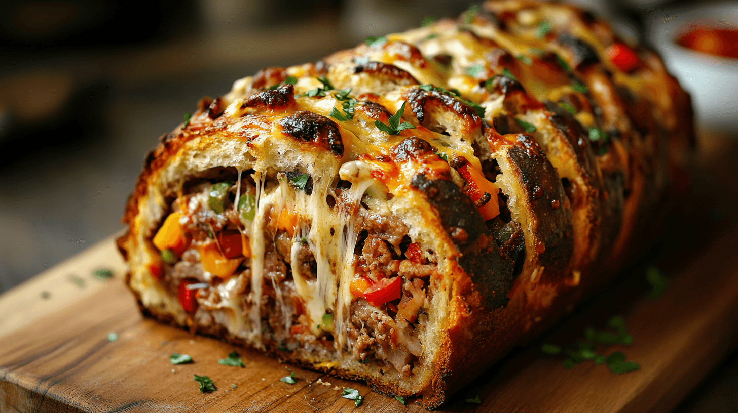 Sliced garbage bread showing melted cheese and savory fillings