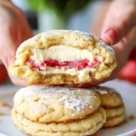 A close-up of a person holding a freshly baked cookie broken in half, revealing a gooey white chocolate and strawberry filling. A plate with more cookies and fresh strawberries is in the background.