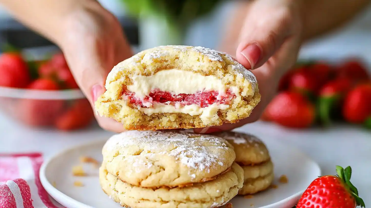 A close-up of a person holding a freshly baked cookie broken in half, revealing a gooey white chocolate and strawberry filling. A plate with more cookies and fresh strawberries is in the background.