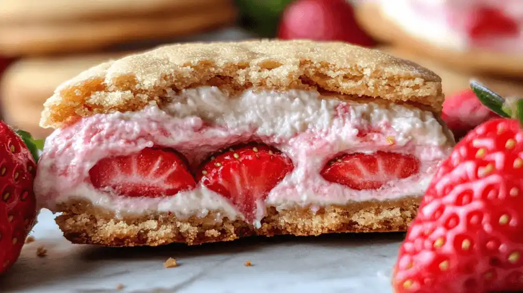 A strawberry cheesecake stuffed cookie with a golden crust, creamy filling, and fresh strawberry slices, surrounded by whole strawberries.