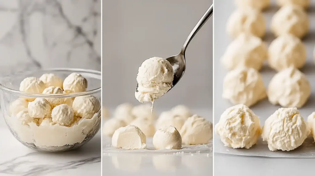 Collage of cream cheese filling being scooped, lifted with a spoon, and arranged on parchment for freezing.