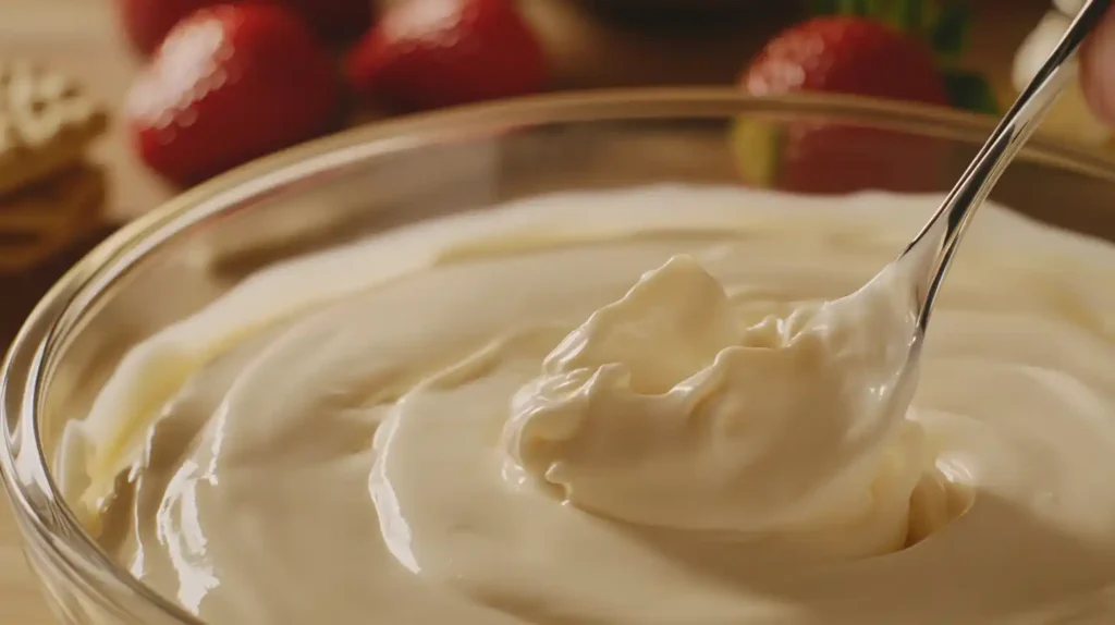 Close-up of a smooth, creamy cheesecake filling being mixed in a glass bowl with a spatula. The rich, full-fat cream cheese mixture has a velvety, lump-free texture. In the blurred background, fresh strawberries, graham crackers, and a dollop of strawberry jam hint at the final dessert.