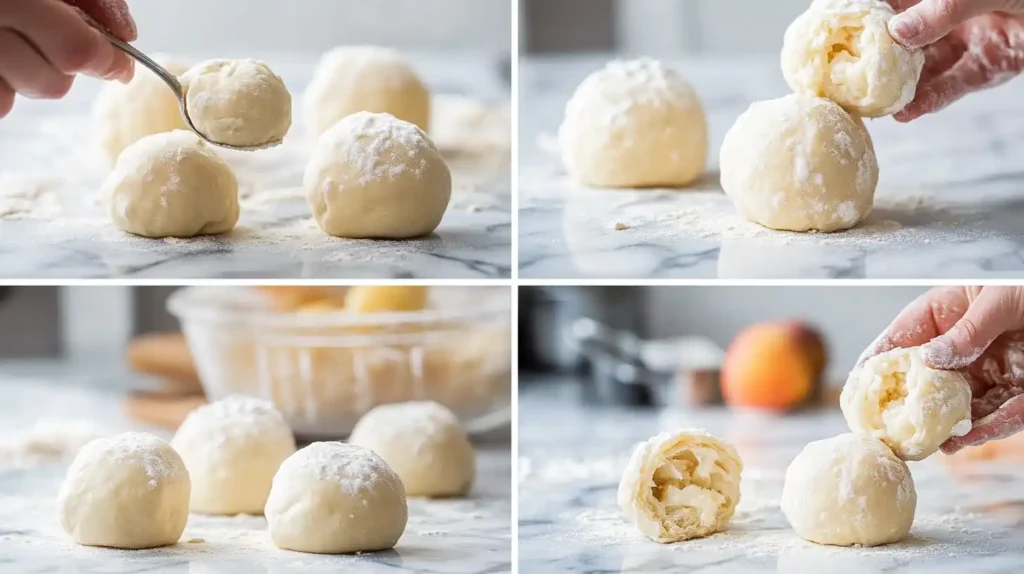 A step-by-step instructional collage of four close-up images showing the process of making filled dough balls. The first image shows dough being indented with a spoon, the second displays a sealed dough ball, the third highlights multiple dough balls resting on a floured surface, and the fourth reveals a freshly baked dough ball broken open, showing a creamy filling inside. The background features a marble countertop with soft natural lighting.