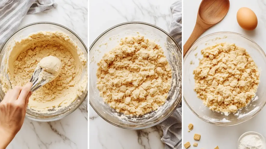 A collage of three photos showing the process of making graham cracker-infused cookie dough. The images display a glass mixing bowl with crumbly dough on a marble countertop, a hand scooping dough with a cookie scoop, and ingredients like an egg, a wooden spoon, and flour nearby.