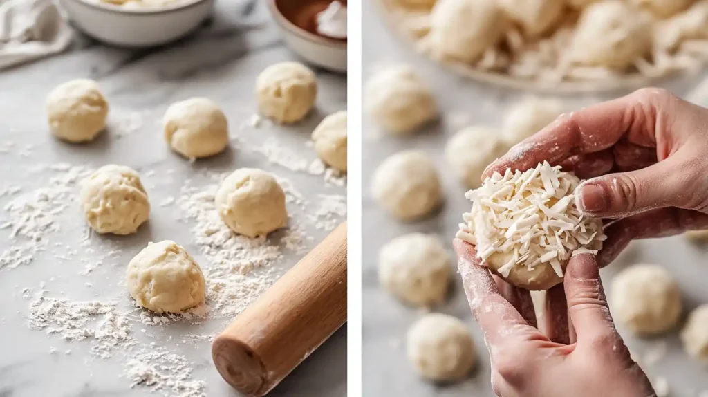 Collage of cookie dough balls on a floured surface and hands topping a dough ball with shredded white chocolate.