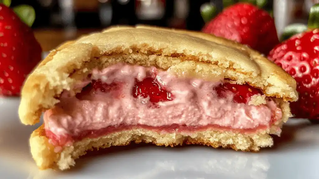 A close-up of a strawberry cheesecake stuffed cookie with a golden, soft-baked exterior, revealing a creamy pink cheesecake filling with fresh strawberry pieces inside. Whole strawberries are in the background.