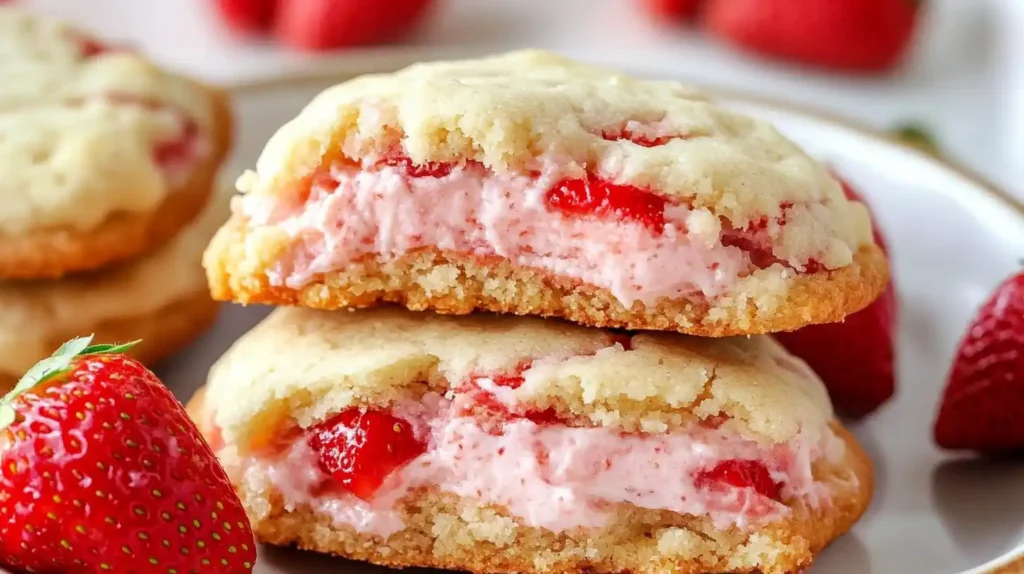 A close-up of two strawberry cheesecake stuffed cookies stacked on a plate, showing their golden, soft-baked exterior with a creamy pink cheesecake and fresh strawberry filling. Whole strawberries are placed around for a fresh and vibrant touch.